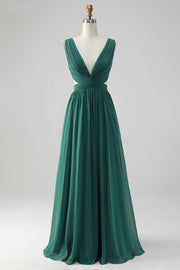 Dark Green A Line V Neck Pleated Chiffon Long Bridesmaid Dress