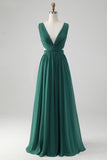 Dark Green A Line V Neck Pleated Chiffon Long Bridesmaid Dress