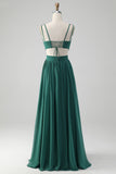 Dark Green A Line V Neck Pleated Chiffon Long Bridesmaid Dress