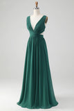 Dark Green A Line V Neck Pleated Chiffon Long Bridesmaid Dress