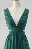 Dark Green A Line V Neck Pleated Chiffon Long Bridesmaid Dress