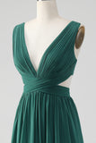 Dark Green A Line V Neck Pleated Chiffon Long Bridesmaid Dress