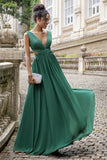 Dark Green A Line V Neck Pleated Chiffon Long Bridesmaid Dress with Lace Up Back