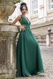 Dark Green A Line V Neck Pleated Chiffon Long Bridesmaid Dress with Lace Up Back
