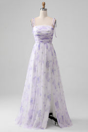 Lavender Flower A-Line Spaghetti Straps Print Pleated Long Maxi Dress