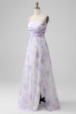 Lavender Flower A-Line Spaghetti Straps Print Pleated Long Maxi Dress