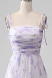 Lavender Flower A-Line Spaghetti Straps Print Pleated Long Maxi Dress