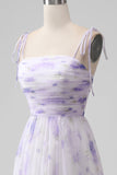 Lavender Flower A-Line Spaghetti Straps Print Pleated Long Maxi Dress