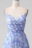 Blue A-Line Spaghetti Straps Floral Print Pleated Maxi Dress