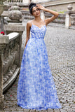 Blue A Line Spaghetti Straps Floral Print Pleated Maxi Dress with Lace Up Back