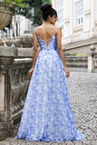 Blue A-Line Spaghetti Straps Floral Print Pleated Maxi Dress