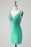 Chic Bodycon V Neck Backless Short Green Homecoming Dress with Beading