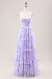 Lavender A Line Spaghetti Straps Print Tiered Corset Floor Length Dress