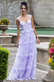 A Line Spaghetti Straps Print Corset Tiered Lavender Maxi Dress