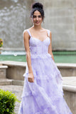 Lavender A Line Spaghetti Straps Corset Print Long Prom Dress