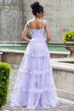 Lavender A Line Spaghetti Straps Corset Print Long Prom Dress