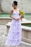 Lavender A Line Spaghetti Straps Corset Print Long Prom Dress