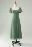 Eucalyptus A Line Square Neck Tea-Length Chiffon Bridesmaid Dress with Slit