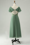 Eucalyptus A Line Square Neck Tea-Length Chiffon Bridesmaid Dress with Slit