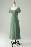 Eucalyptus A Line Square Neck Tea-Length Chiffon Bridesmaid Dress with Slit