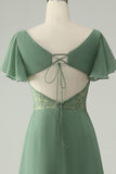 Eucalyptus A Line Square Neck Tea-Length Chiffon Bridesmaid Dress with Slit