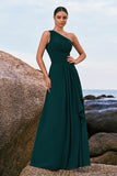 Dark Green One Shoulder Chiffon Pleated A-Line Long Bridesmaid Dress