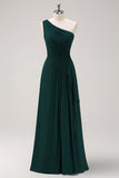 Dark Green A Line One Shoulder Chiffon Pleated Long Bridesmaid Dress