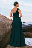 Dark Green One Shoulder Chiffon Pleated A-Line Long Bridesmaid Dress