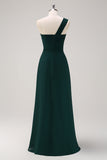 Dark Green A Line One Shoulder Chiffon Pleated Long Bridesmaid Dress