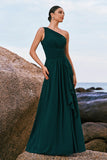 Dark Green One Shoulder Chiffon Pleated A-Line Long Bridesmaid Dress