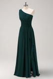 Dark Green A Line One Shoulder Chiffon Pleated Long Bridesmaid Dress