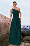 Dark Green One Shoulder Chiffon Pleated A-Line Long Bridesmaid Dress