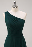 Dark Green A Line One Shoulder Chiffon Pleated Long Bridesmaid Dress