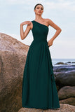 Dark Green One Shoulder Chiffon Pleated A-Line Long Bridesmaid Dress