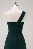 Dark Green A Line One Shoulder Chiffon Pleated Long Bridesmaid Dress