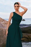 Dark Green One Shoulder Chiffon Pleated A-Line Long Bridesmaid Dress