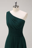 Dark Green A Line One Shoulder Chiffon Pleated Long Bridesmaid Dress