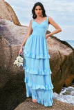 Blue A-Line V Neck Backless Chiffon Tiered Floor Length Bridesmaid Dress