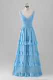 Blue A Line V Neck Open Back Chiffon Tiered Long Bridesmaid Dress