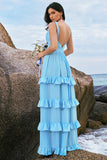 Blue A-Line V Neck Backless Chiffon Tiered Floor Length Bridesmaid Dress