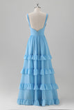 Blue A Line V Neck Open Back Chiffon Tiered Long Bridesmaid Dress