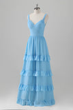 Blue A Line V Neck Open Back Chiffon Tiered Long Bridesmaid Dress