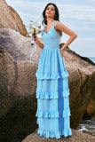 Blue A-Line V Neck Backless Chiffon Tiered Floor Length Bridesmaid Dress