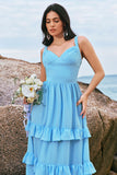 Blue A-Line V Neck Backless Chiffon Tiered Floor Length Bridesmaid Dress