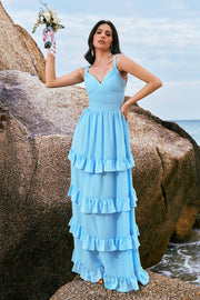 Blue A-Line V Neck Backless Chiffon Tiered Floor Length Bridesmaid Dress