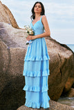 Blue A-Line V Neck Backless Chiffon Tiered Floor Length Bridesmaid Dress