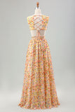 Yellow Small Flower A Line V Neck Pleated Maxi Dress with Ruffles