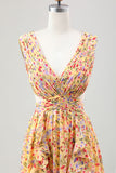 Yellow Small Flower A Line V Neck Pleated Maxi Dress with Ruffles