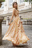 Yellow Small Flower A Line V Neck Pleated Maxi Dress with Ruffles