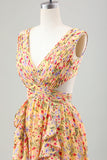 Yellow Small Flower A Line V Neck Pleated Maxi Dress with Ruffles